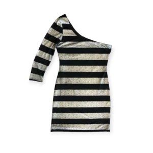 One shoulder Three Quarter Sleeve Black Silver Stripe Mini Dress Women's Small